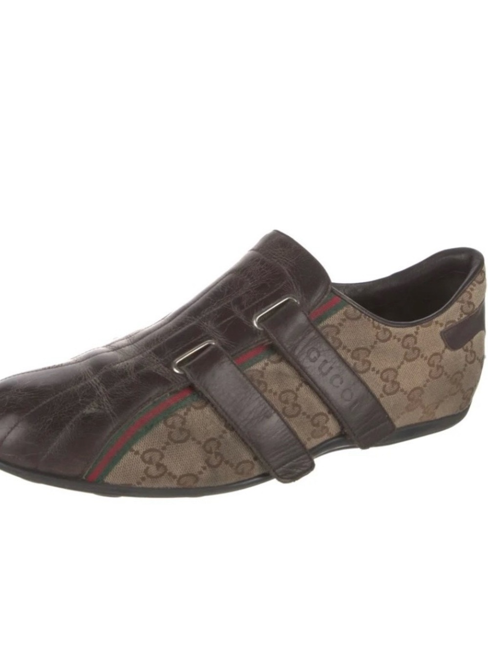 Gucci Brown Leather & GG Canvas Double-Strap Loafer